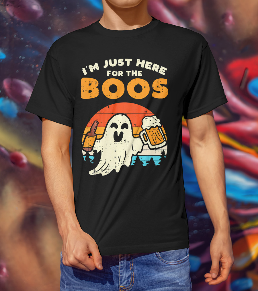 I'm Just Here For The Boos Retro Ghost With Drink And Bee T-Shirt