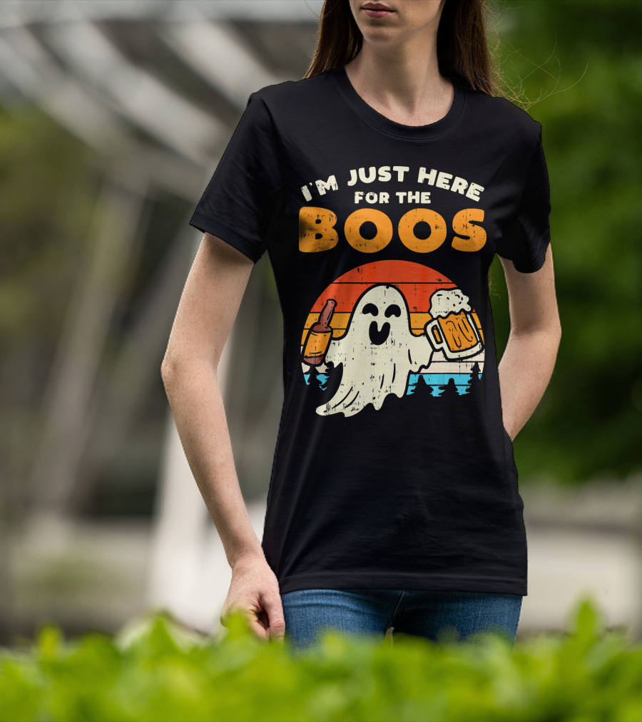 I'm Just Here For The Boos Retro Ghost With Drink And Bee T-Shirt