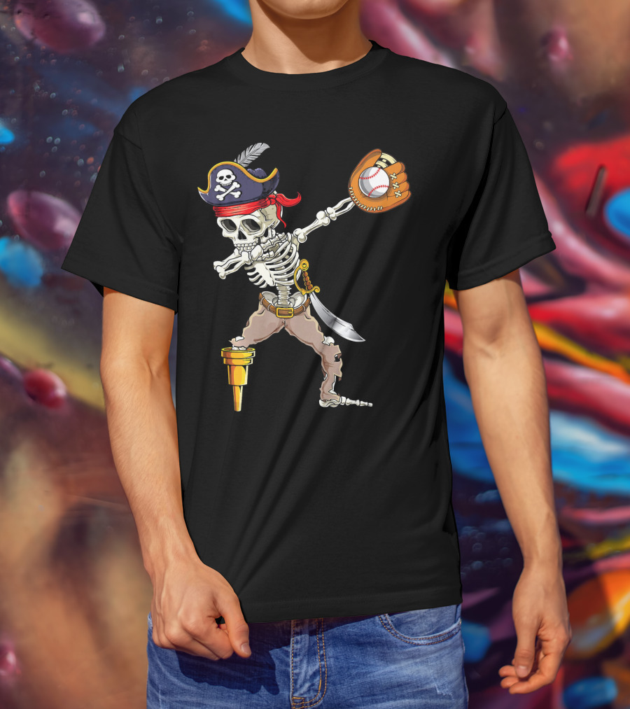 Pirate Skeleton Dabbing With Baseball Glove And Ball T-Shirt
