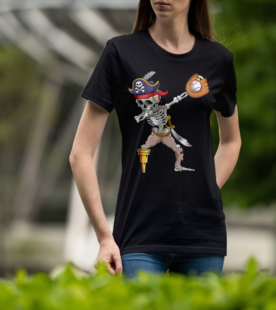 Pirate Skeleton Dabbing With Baseball Glove And Ball T-Shirt