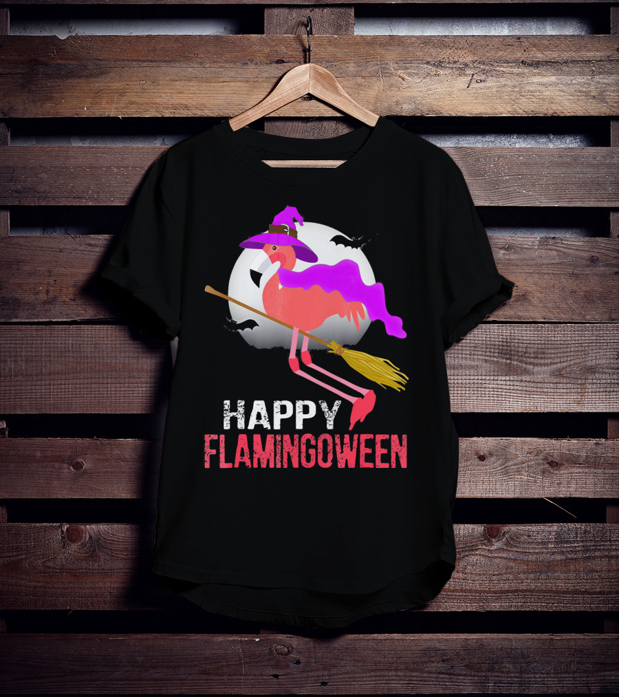 Happy Flamingoween Witch With Flamingo On Broomstick T-Shirt