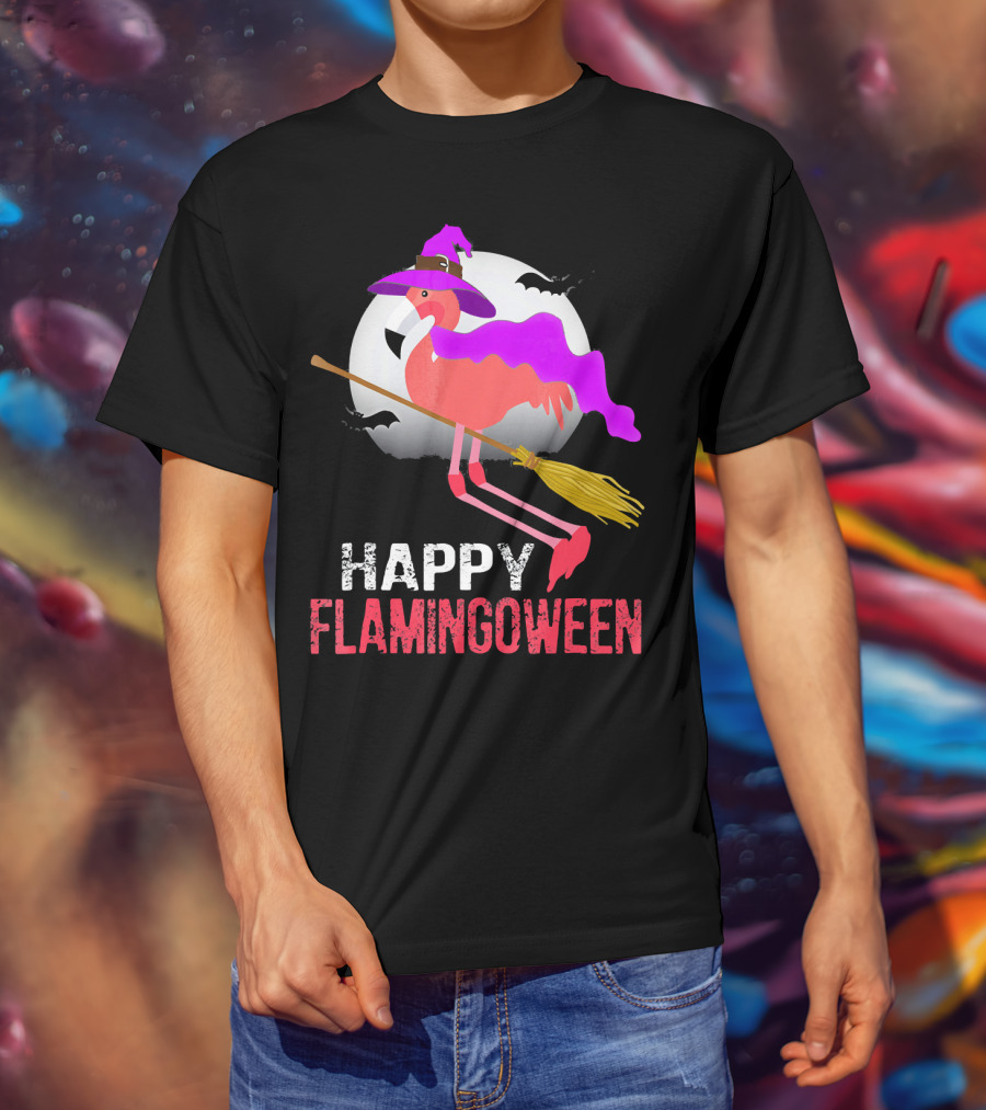Happy Flamingoween Witch With Flamingo On Broomstick T-Shirt
