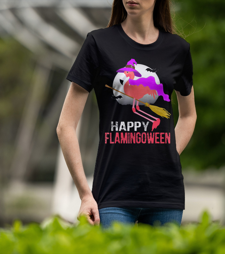 Happy Flamingoween Witch With Flamingo On Broomstick T-Shirt