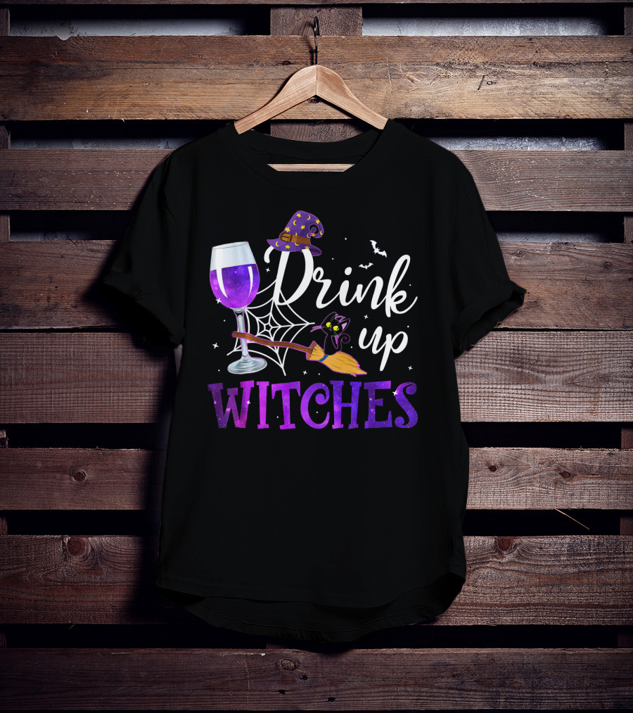 Drink Up Witches Wine Glass Purple Cat Broomstick Halloween Magic T-Shirt