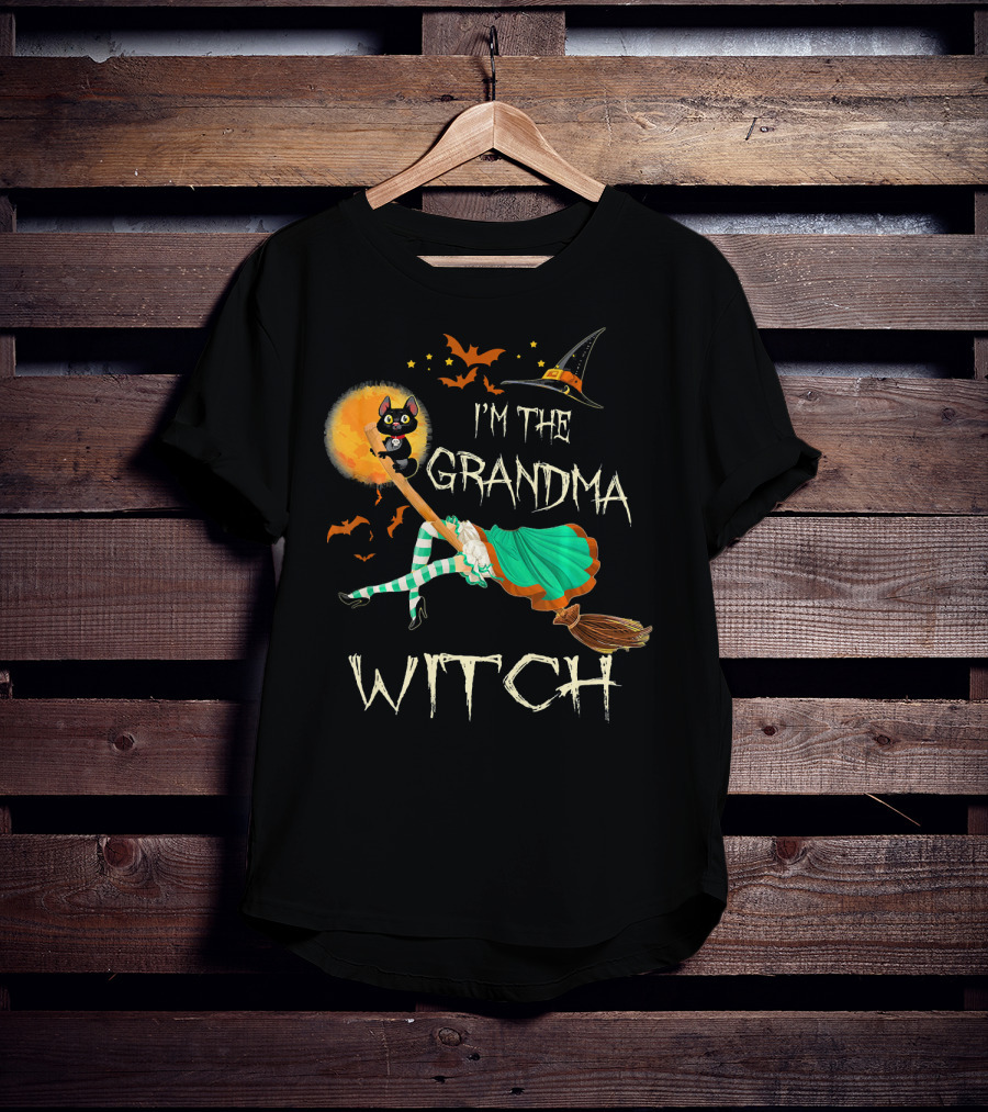 I'm The Grandma Witch Broomstick Flying Black Cat Halloween Bats T-Shirt