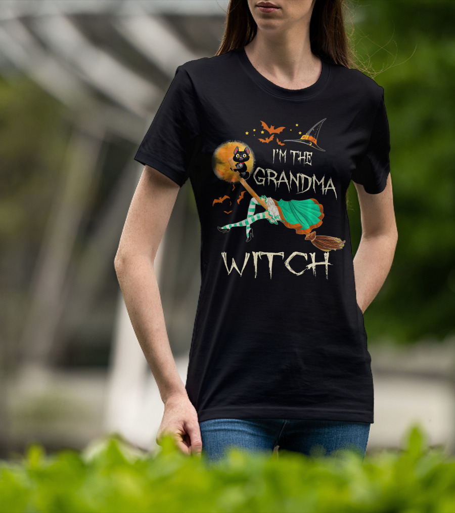 I'm The Grandma Witch Broomstick Flying Black Cat Halloween Bats T-Shirt