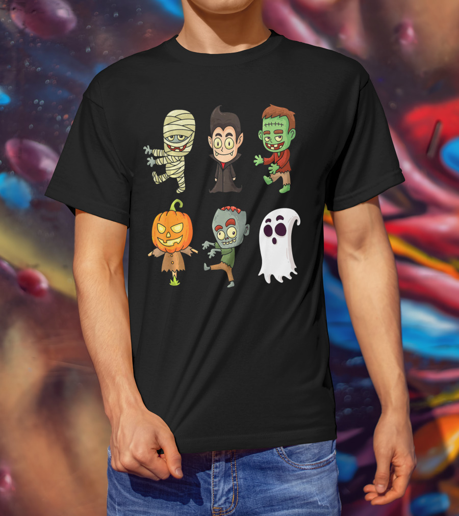 Funny Halloween Monsters Mummy Vampire Frankenstein Pumpkin Zombie Ghost T-Shirt