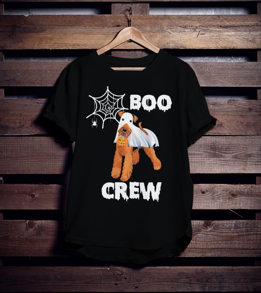 Airedale Terrier Boo Crew Halloween Ghost Costume With Spider Web And Pumpkin T-Shirt