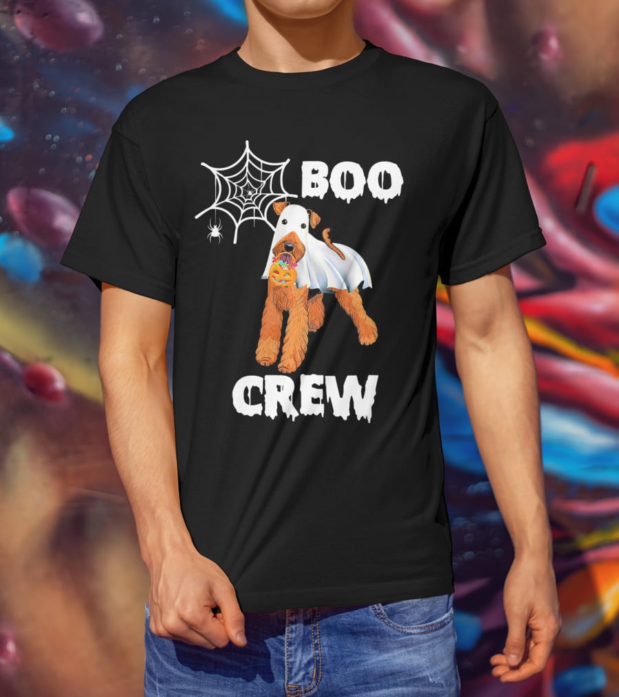 Airedale Terrier Boo Crew Halloween Ghost Costume With Spider Web And Pumpkin T-Shirt