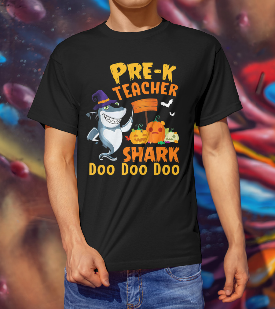 Pre-K Teacher Shark Doo Doo Doo Halloween Witch Pumpkins Bats T-Shirt