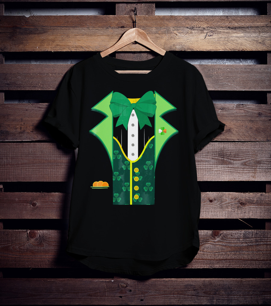 Leprechaun Costume One Sided Green Suit With Bow Tie And Shamrock Symbols T-Shirt