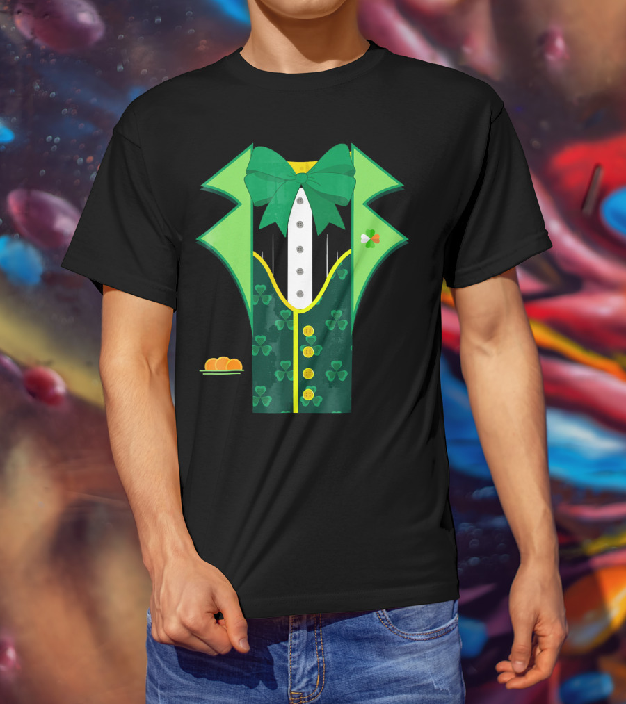 Leprechaun Costume One Sided Green Suit With Bow Tie And Shamrock Symbols T-Shirt