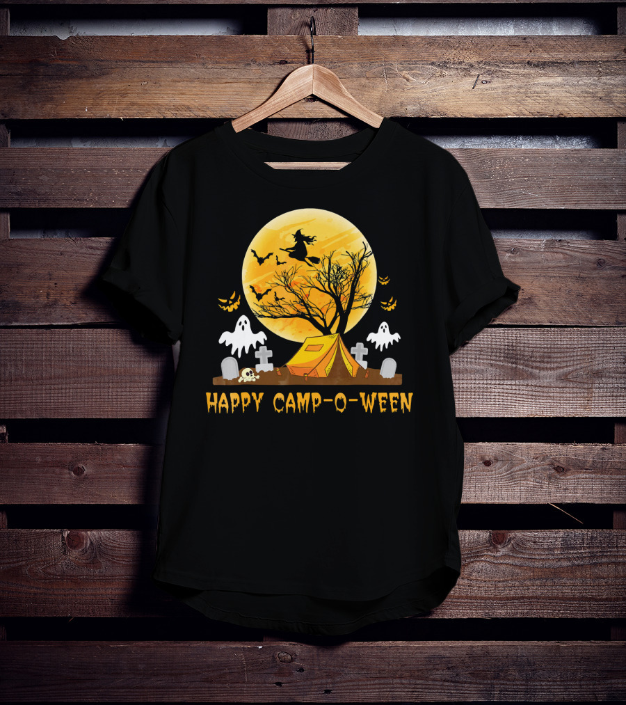 Happy Camp-O-Ween Witch Ghosts Halloween Camping Graveyard Moon T-Shirt