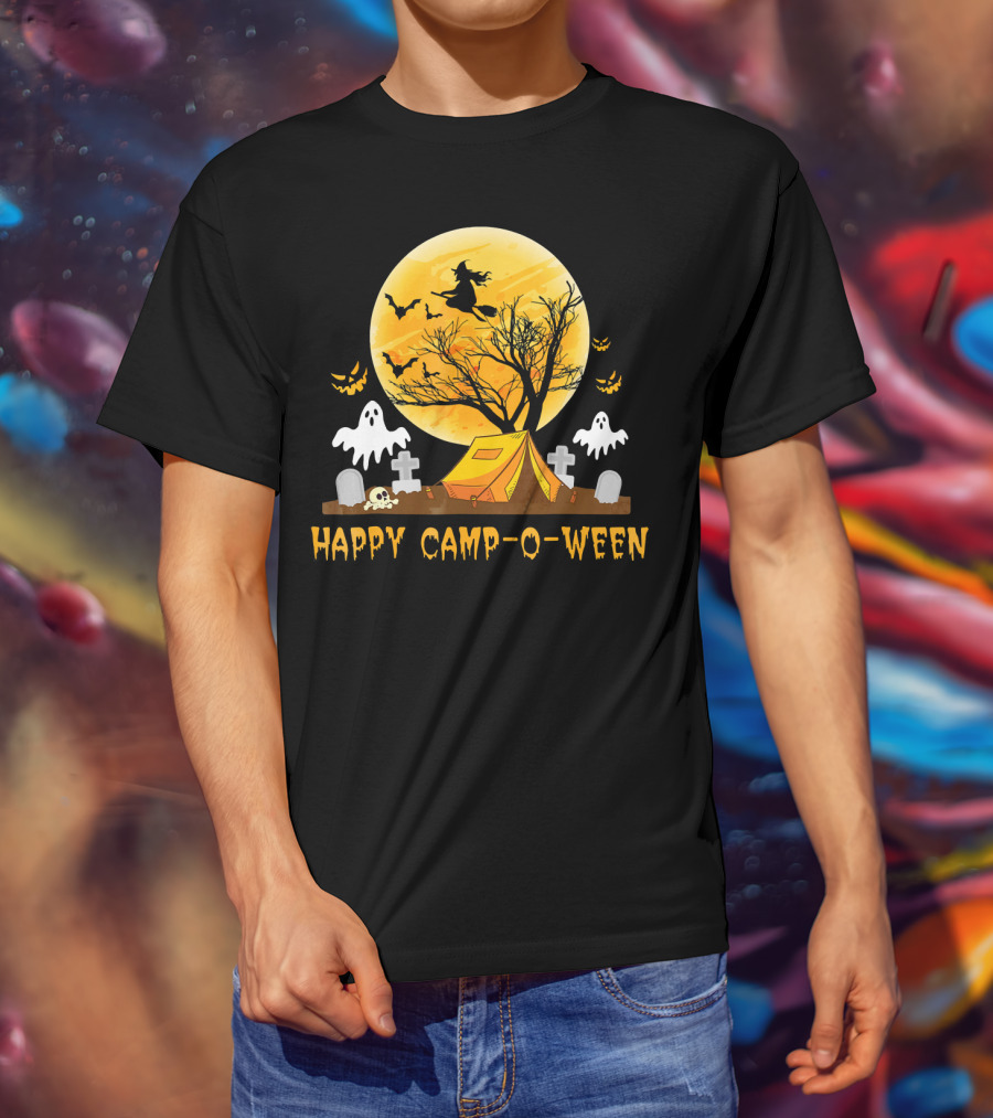 Happy Camp-O-Ween Witch Ghosts Halloween Camping Graveyard Moon T-Shirt