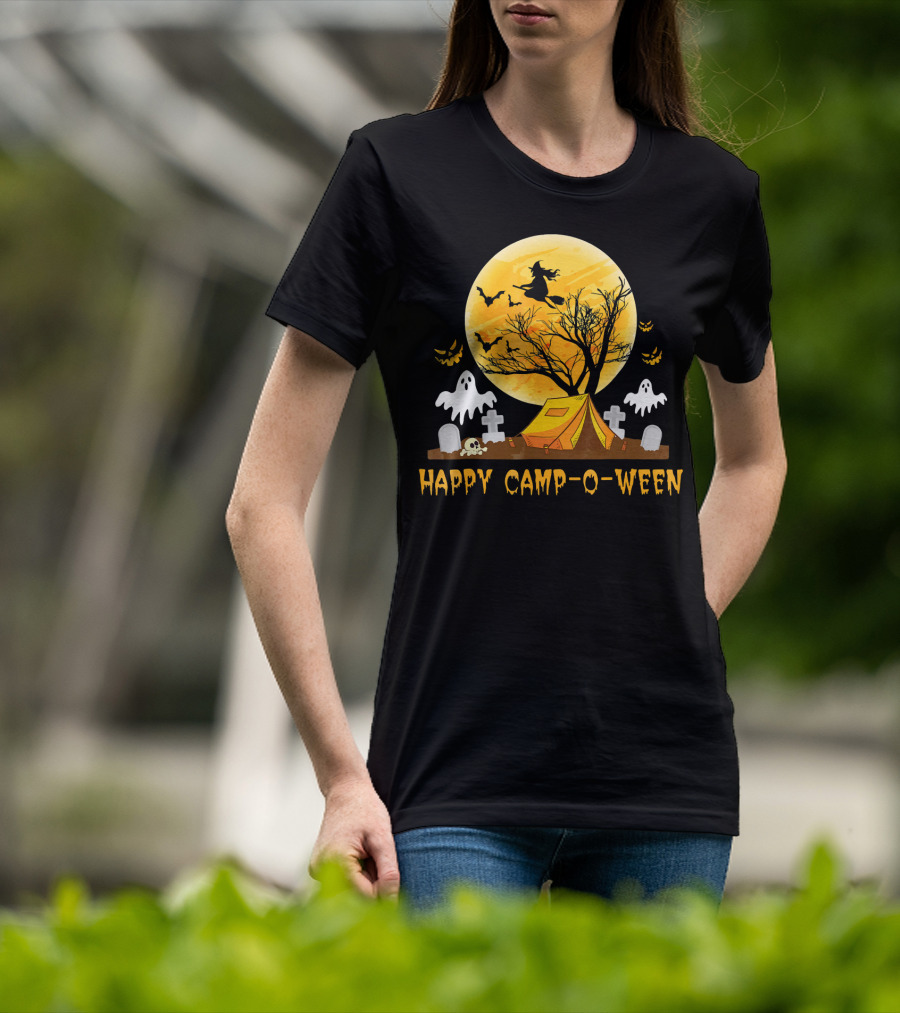 Happy Camp-O-Ween Witch Ghosts Halloween Camping Graveyard Moon T-Shirt
