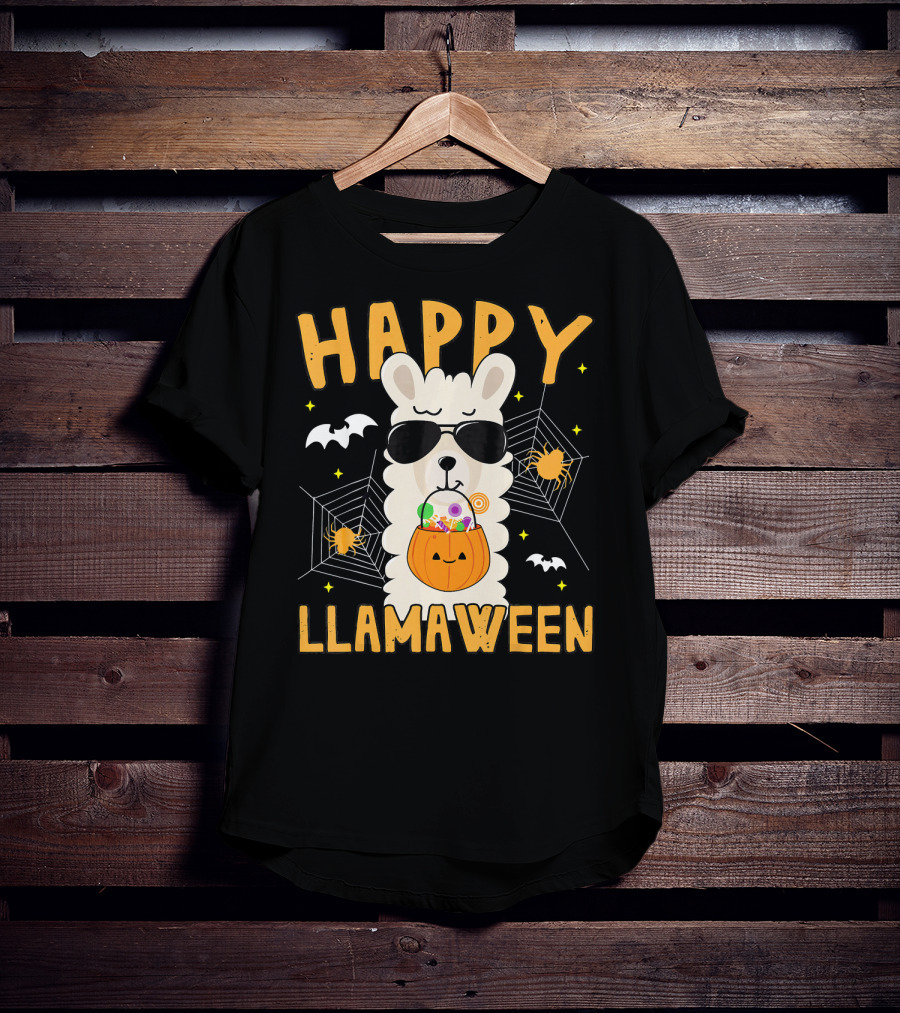 Happy Llamaween Halloween Llama With Sunglasses And Candy Basket T-Shirt