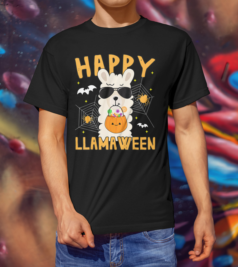 Happy Llamaween Halloween Llama With Sunglasses And Candy Basket T-Shirt