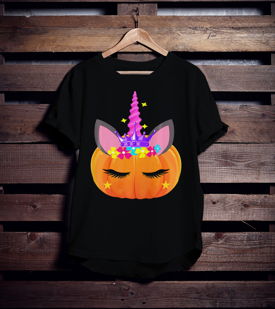 Halloween Pumpkin Unicorn With Floral Crown And Stars T-Shirt