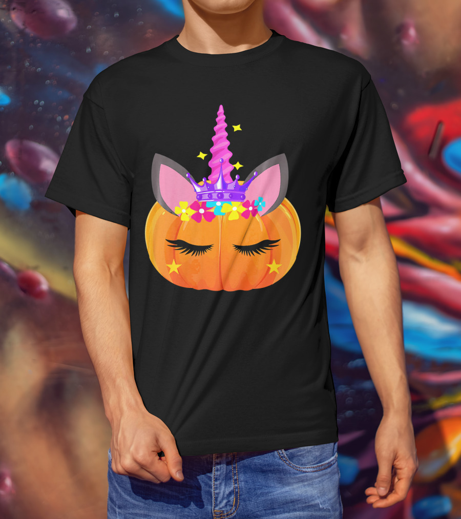 Halloween Pumpkin Unicorn With Floral Crown And Stars T-Shirt