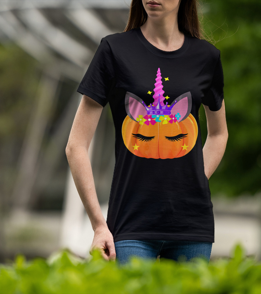 Halloween Pumpkin Unicorn With Floral Crown And Stars T-Shirt