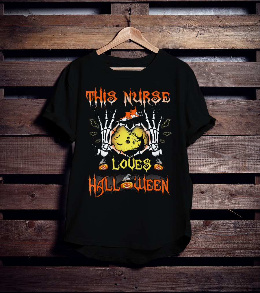 This Nurse Loves Halloween Pumpkin Skeleton Hands T-Shirt