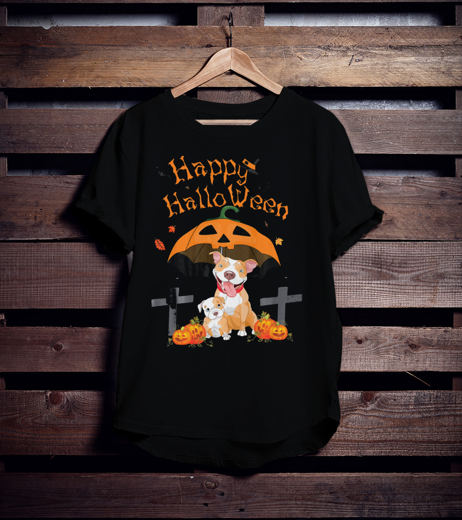 Happy Halloween Pumpkin Pitbulls With Jack O'Lantern And Crosses T-Shirt