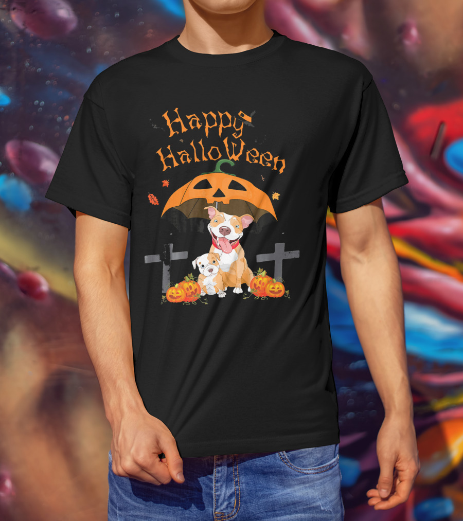 Happy Halloween Pumpkin Pitbulls With Jack O'Lantern And Crosses T-Shirt