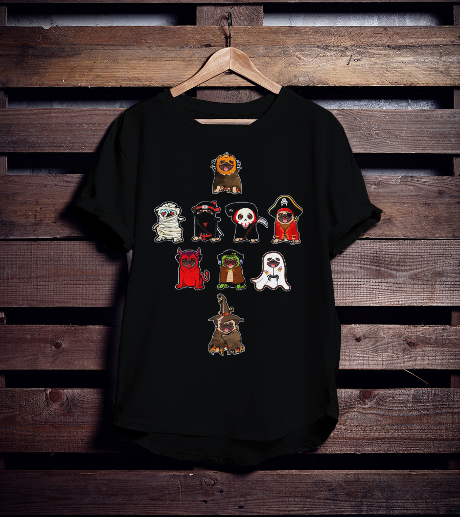 Pug Halloween Costume Lion Mummy Ninja Grim Reaper Pirate Devil Frankenstein Ghost Witch T-Shirt