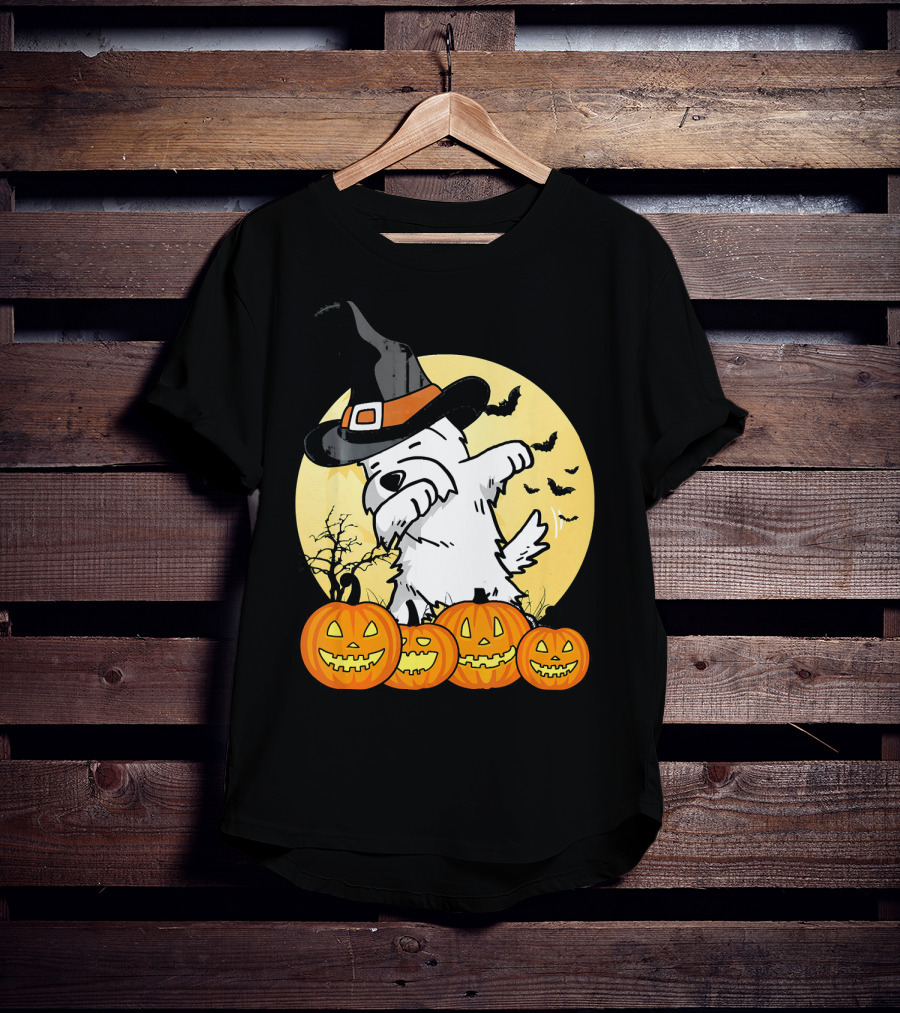 Funny Dabbing Westie Witch With Pumpkins And Bats Halloween Dog Dance T-Shirt
