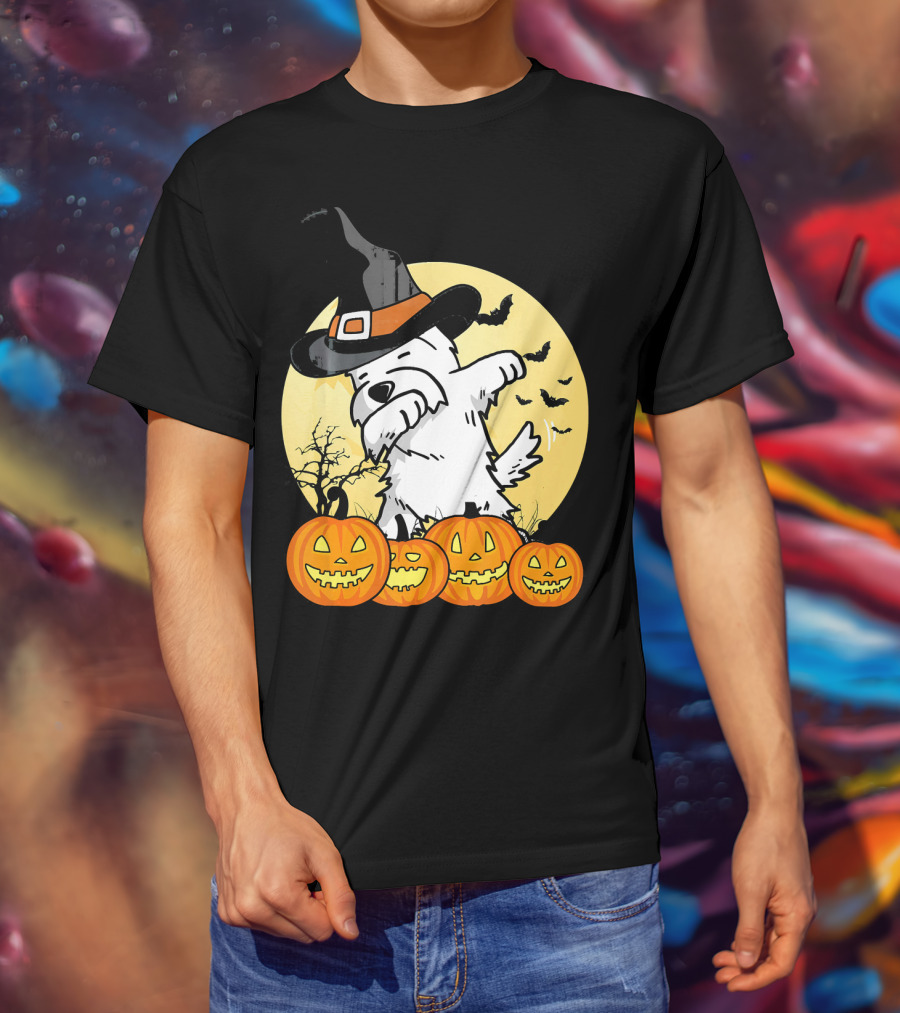 Funny Dabbing Westie Witch With Pumpkins And Bats Halloween Dog Dance T-Shirt