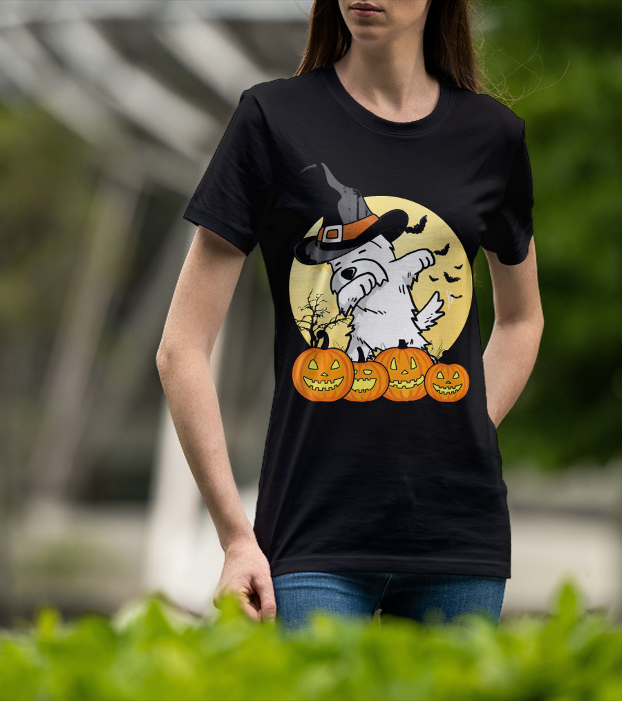 Funny Dabbing Westie Witch With Pumpkins And Bats Halloween Dog Dance T-Shirt