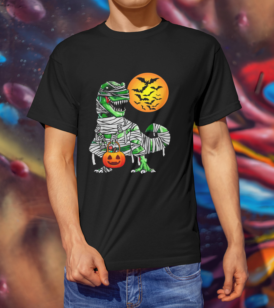 Tyrannosaurus Rex Dinosaur Mummy With Pumpkin And Bats Halloween Boy T-Shirt