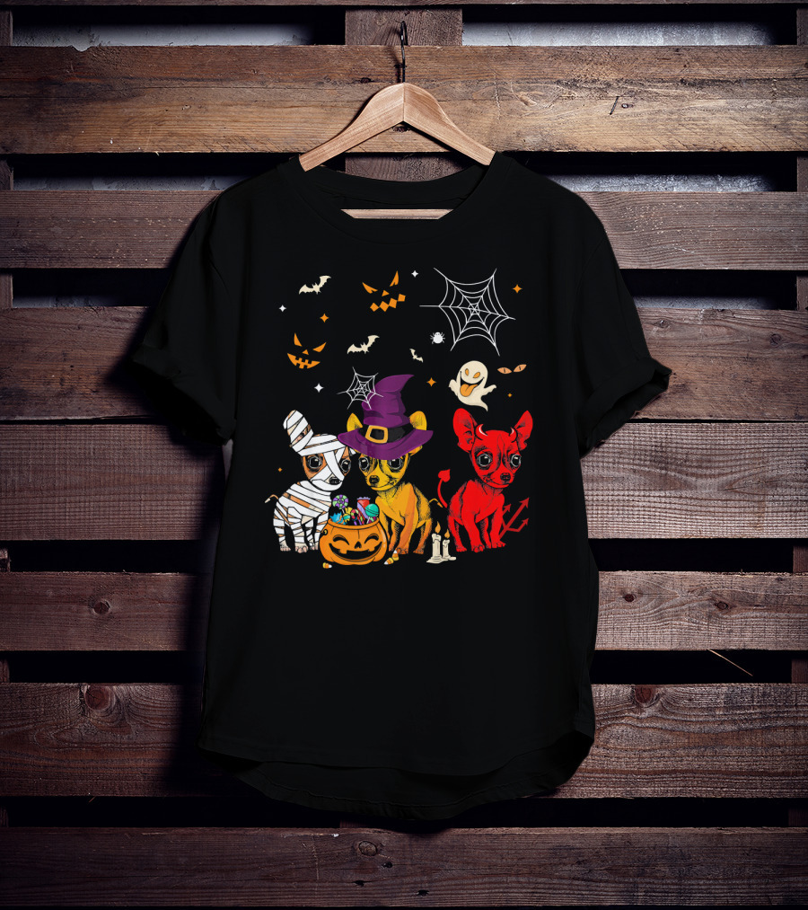 Three Chihuahuas Halloween Mummy Witch Devil T-Shirt