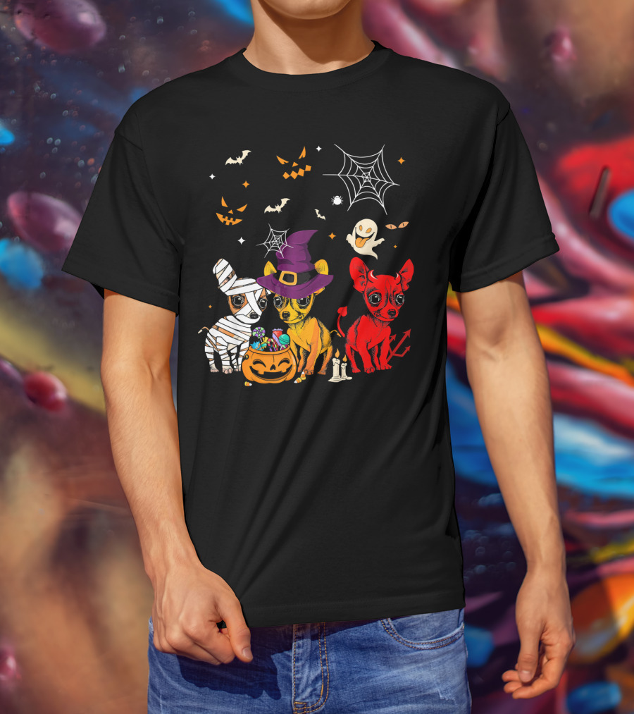 Three Chihuahuas Halloween Mummy Witch Devil T-Shirt