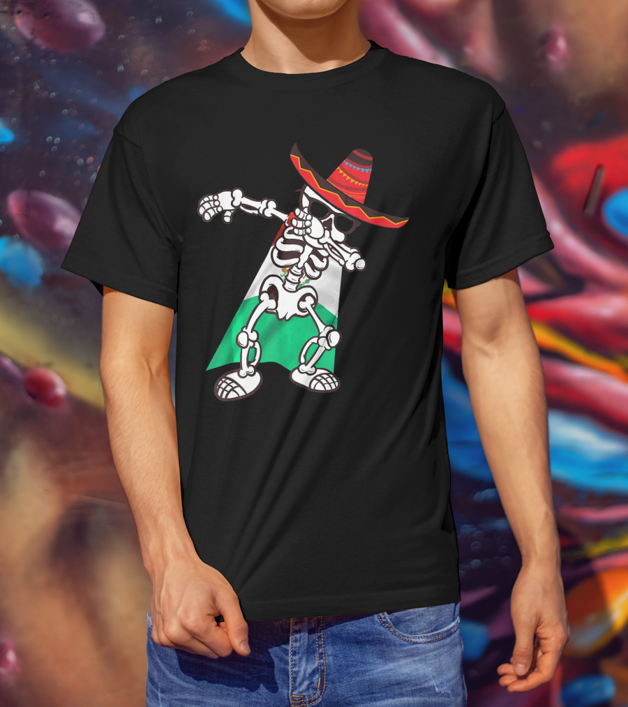 Cinco De Mayo Skeleton Dabbing With Sombrero And Mexican Flag Cape T-Shirt