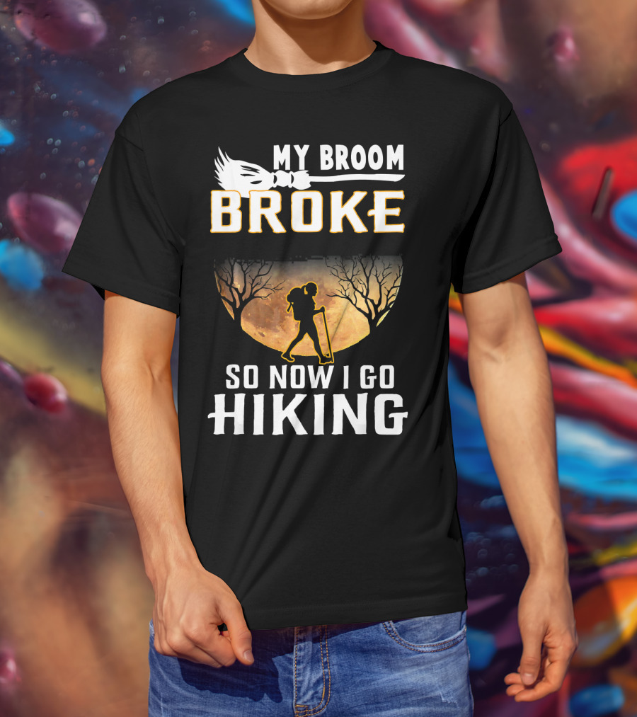 My Broom Broke So Now I Go Hiking Full Moon Silhouette Adventure T-Shirt