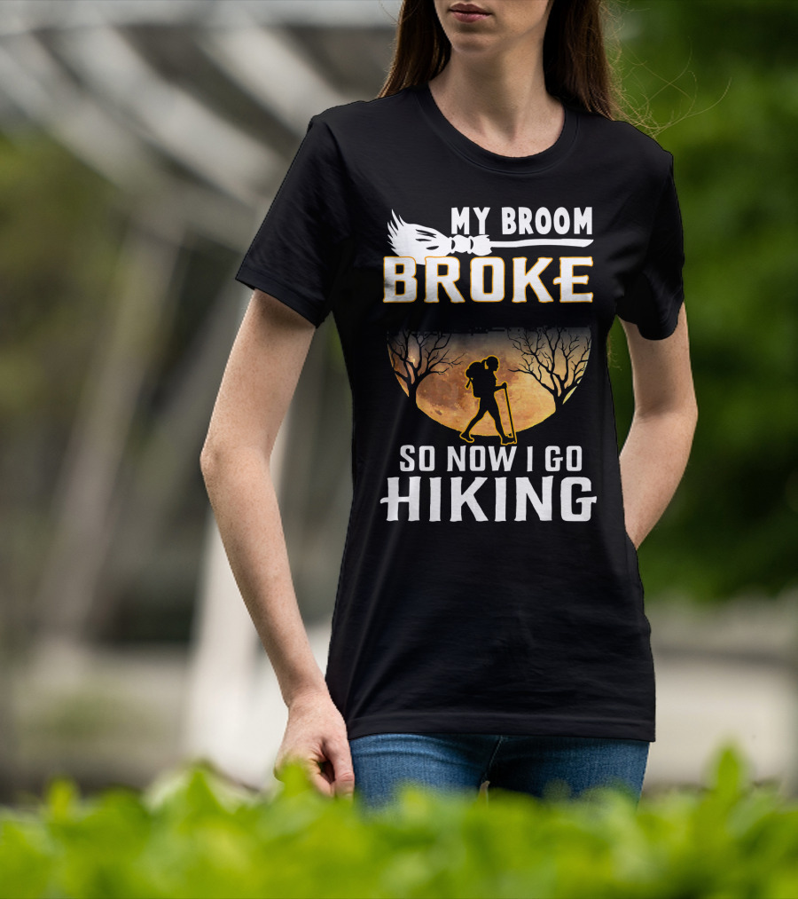 My Broom Broke So Now I Go Hiking Full Moon Silhouette Adventure T-Shirt
