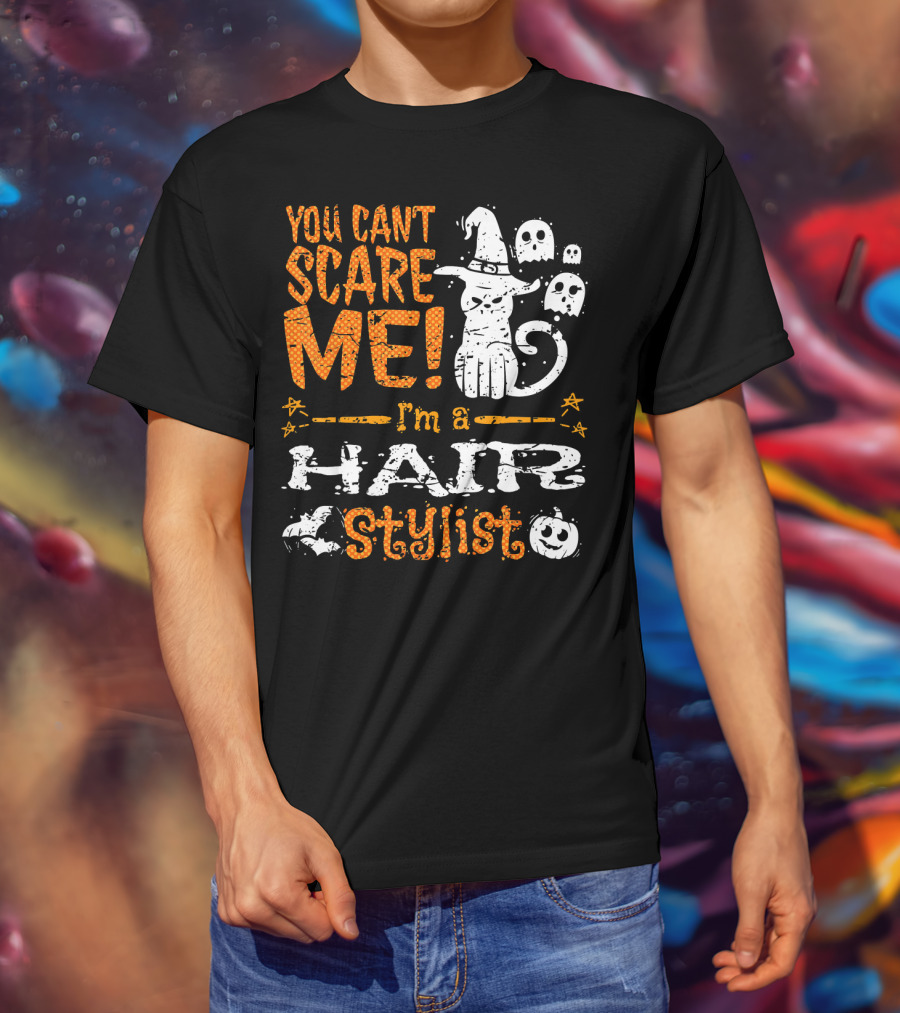 You Can't Scare Me I'm A Hair Stylist Halloween Cat And Ghosts T-Shirt