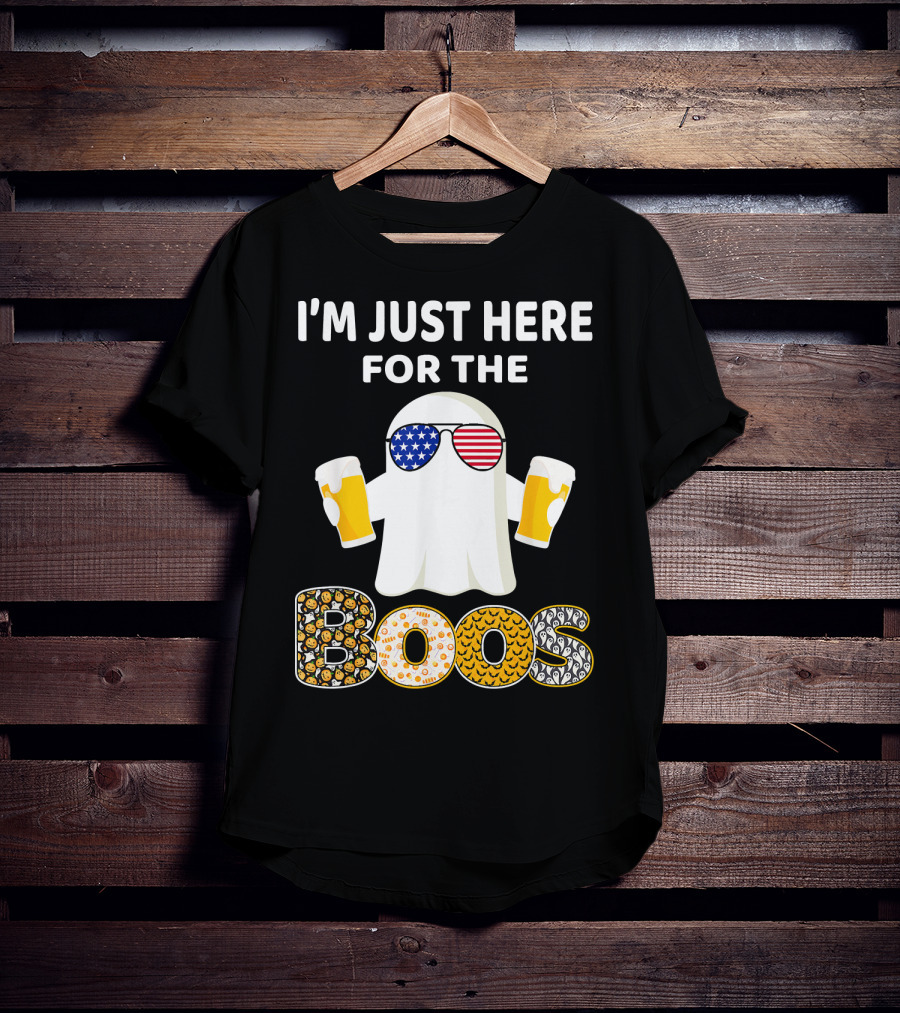 I'm Just Here For The Boos Ghost With American Flag Sunglasses And Beer T-Shirt