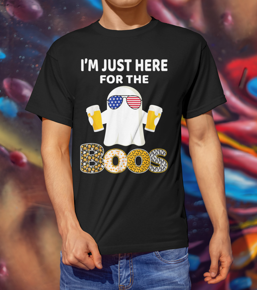 I'm Just Here For The Boos Ghost With American Flag Sunglasses And Beer T-Shirt