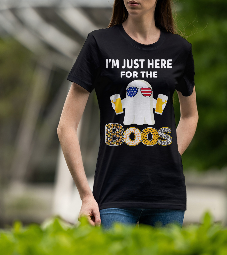 I'm Just Here For The Boos Ghost With American Flag Sunglasses And Beer T-Shirt