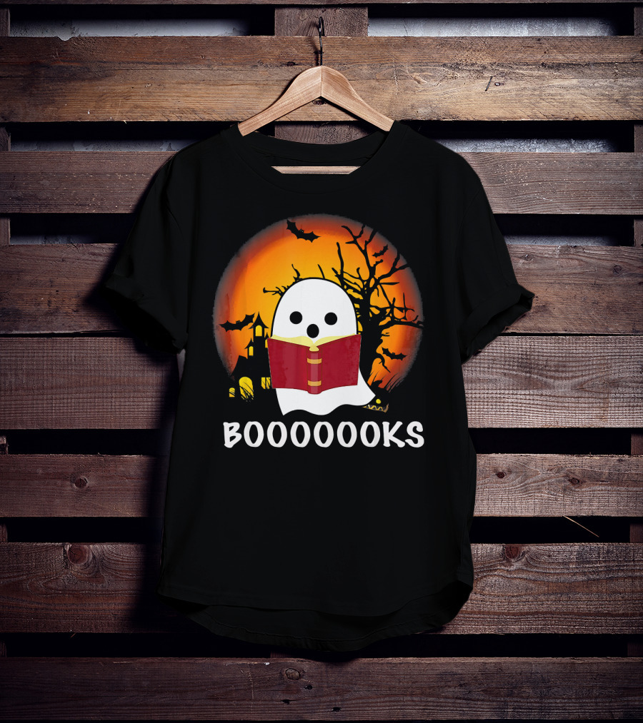 Boo Read Books Halloween Boooooooks Ghost With Red Book And Spooky Bats T-Shirt