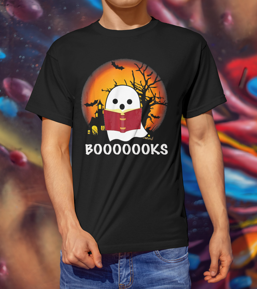 Boo Read Books Halloween Boooooooks Ghost With Red Book And Spooky Bats T-Shirt