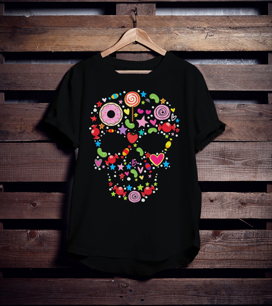 Candy Skull Día De Los Muertos Colorful Sweets And Stars T-Shirt