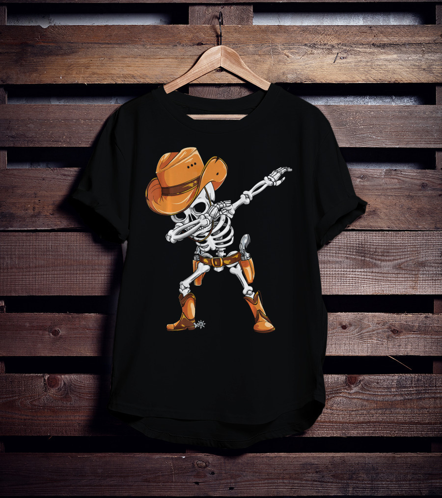 Dabbing Skeleton Cowboy In Orange Hat And Boots T-Shirt