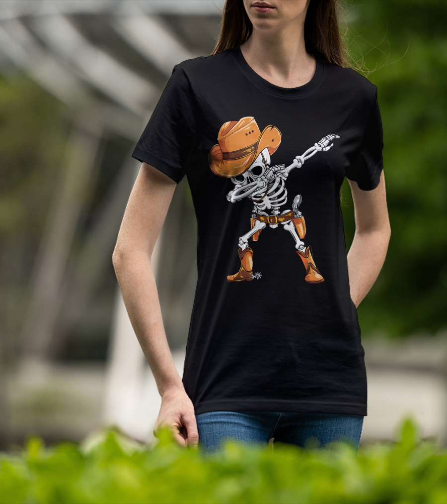 Dabbing Skeleton Cowboy In Orange Hat And Boots T-Shirt