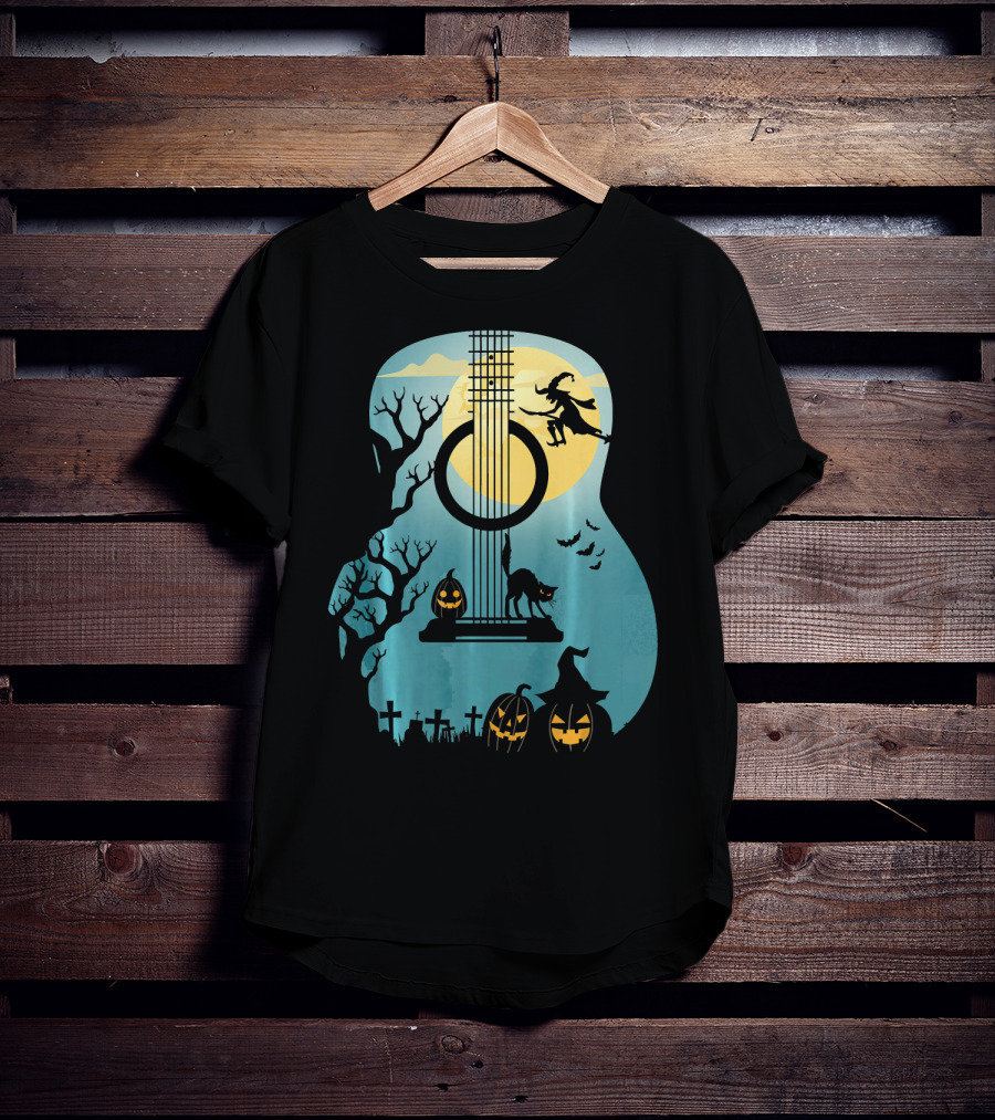 Halloween Guitar Witch Cat Pumpkins And Bat Scene T-Shirt