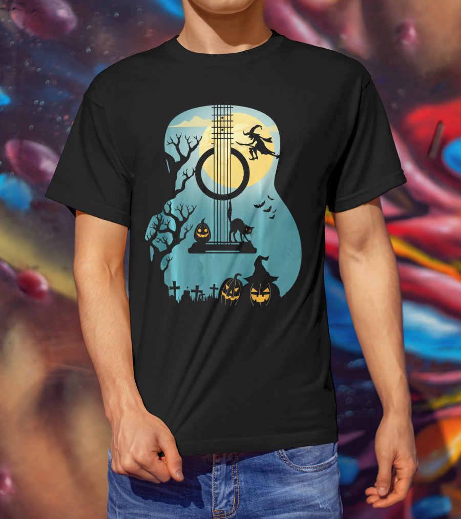 Halloween Guitar Witch Cat Pumpkins And Bat Scene T-Shirt