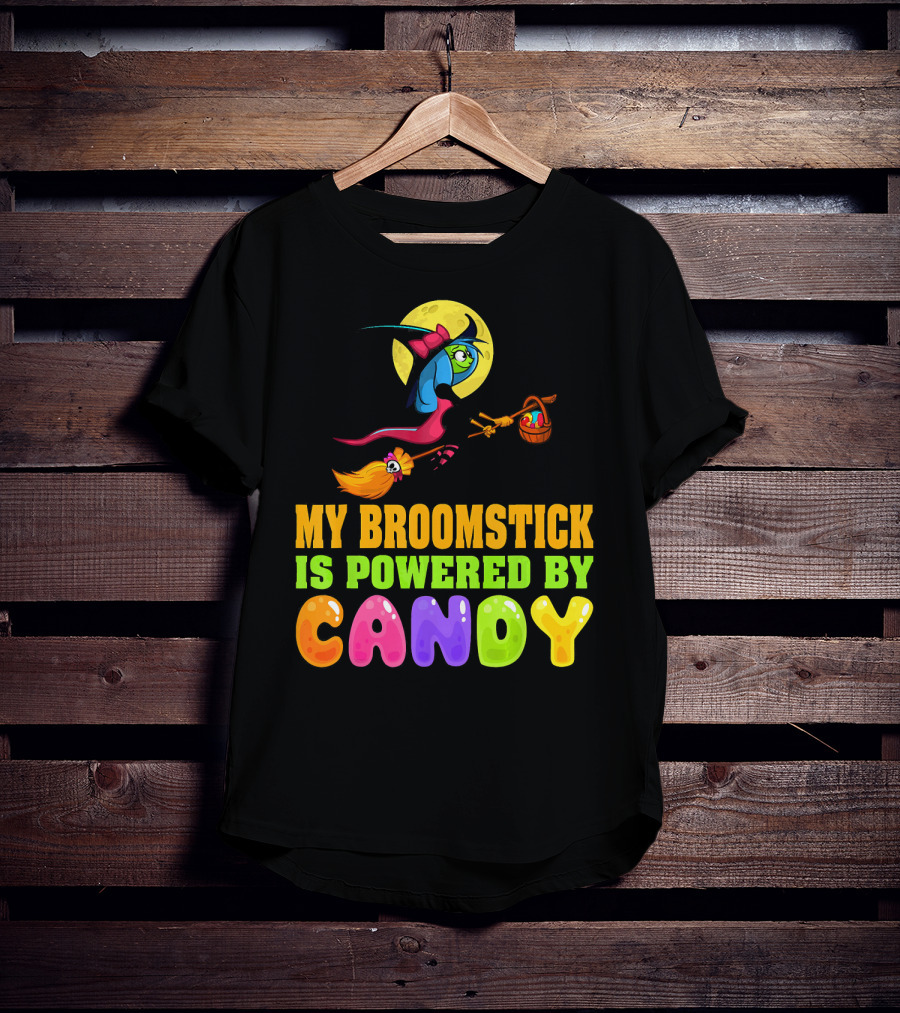 My Broomstick Is Powered By Candy With Witch And Moon Scene T-Shirt