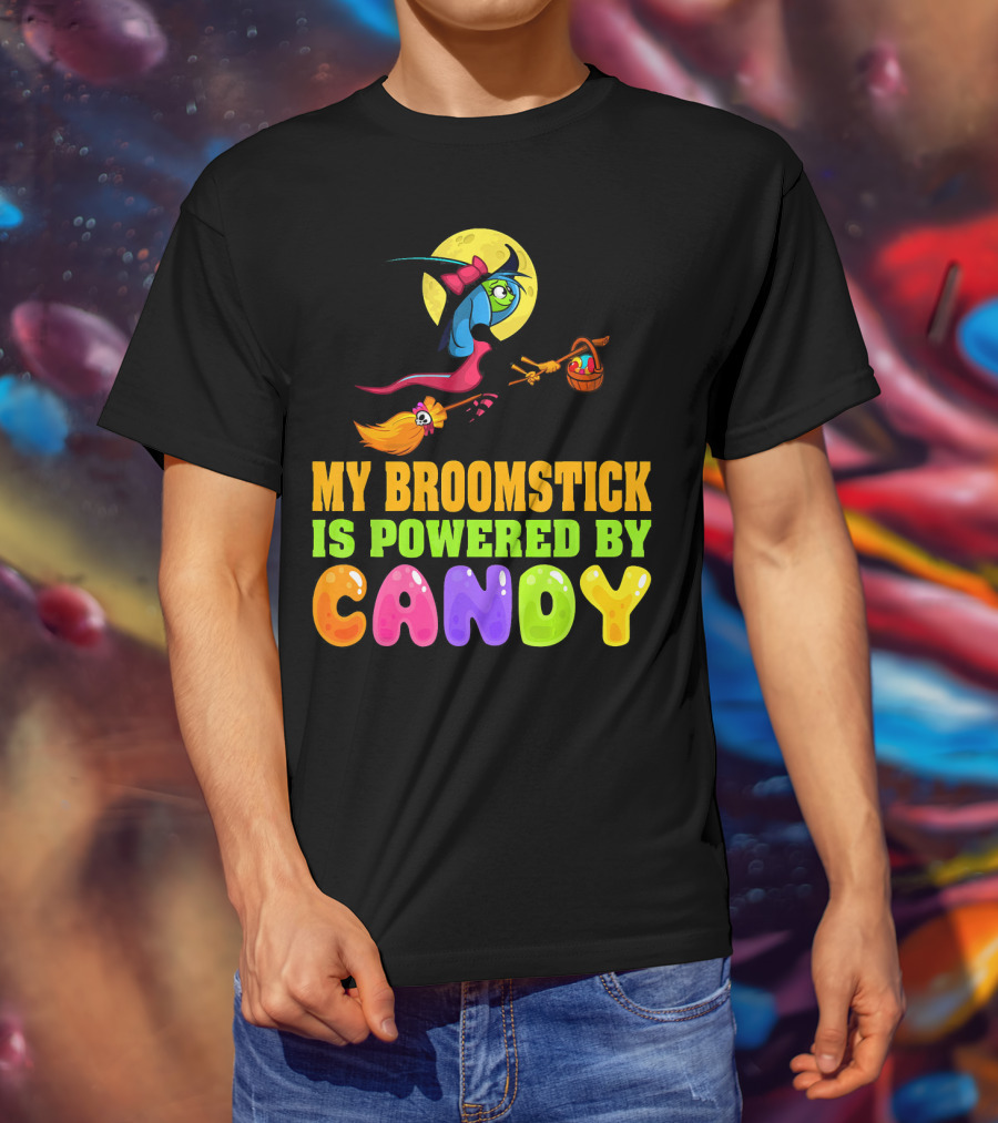 My Broomstick Is Powered By Candy With Witch And Moon Scene T-Shirt